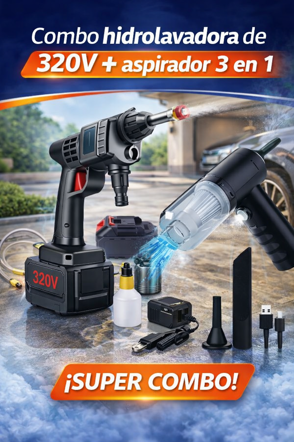 Combo Hidrolavadora 320V + Aspiradora 3 en 1