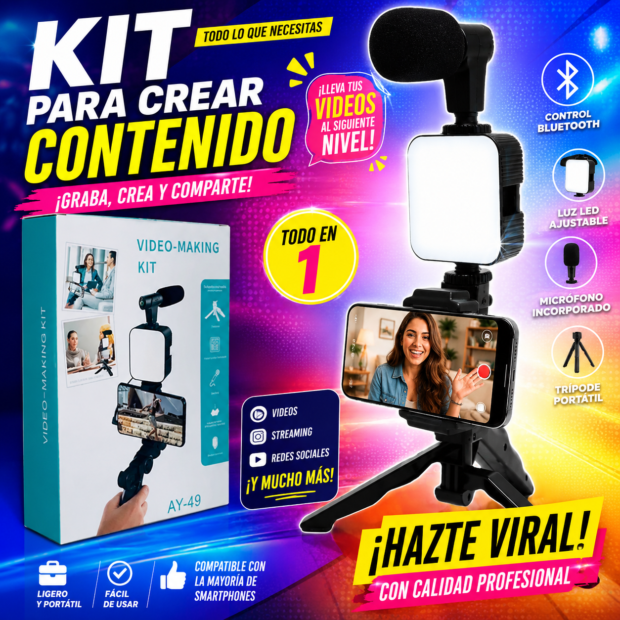 KIT DE GRABACION DE VIDEO CON TRIPODE Y BLUETOOTH